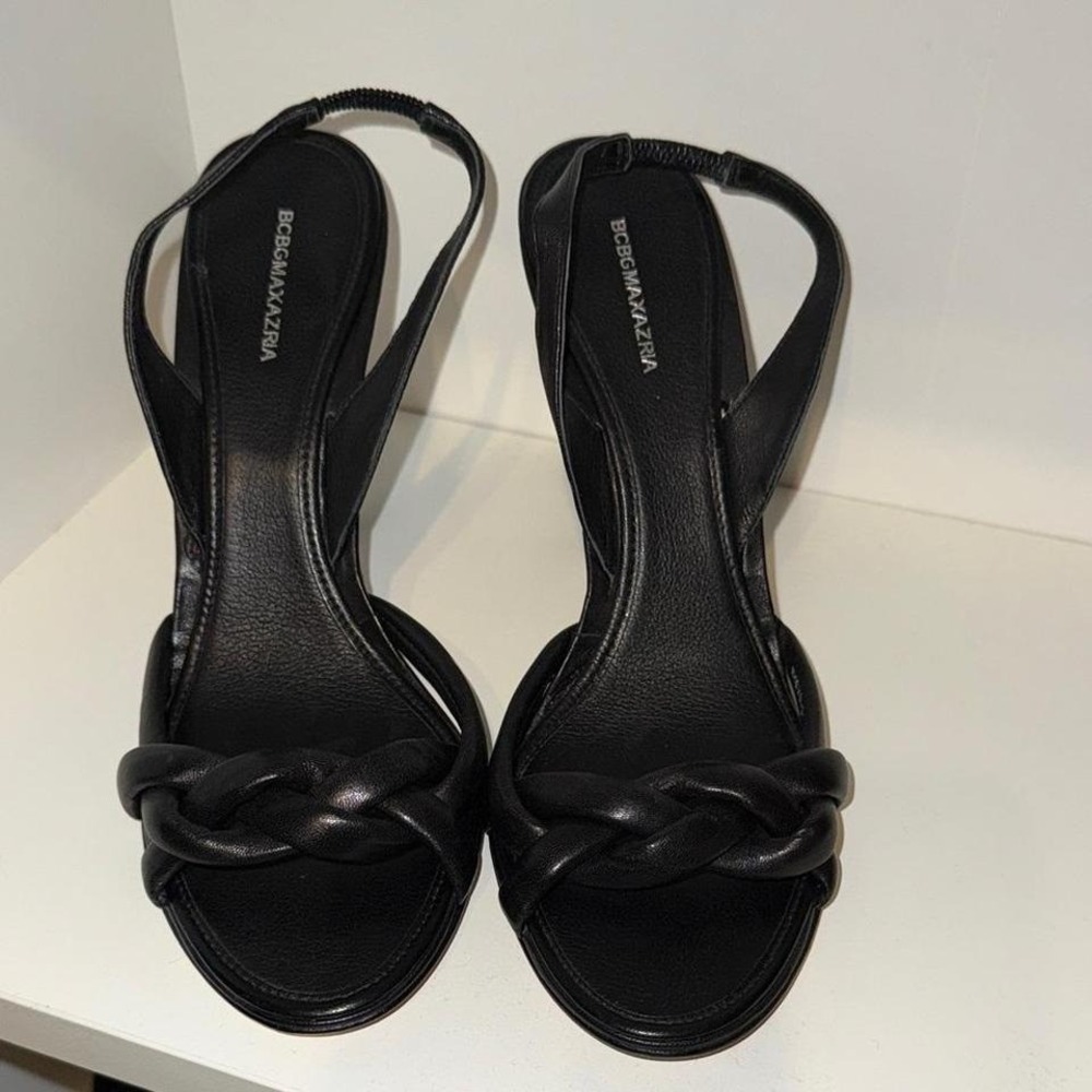 BCBGMAXAZRIA Slingback Heels Womens 8.5 Black Leather Braided Stiletto Sandals